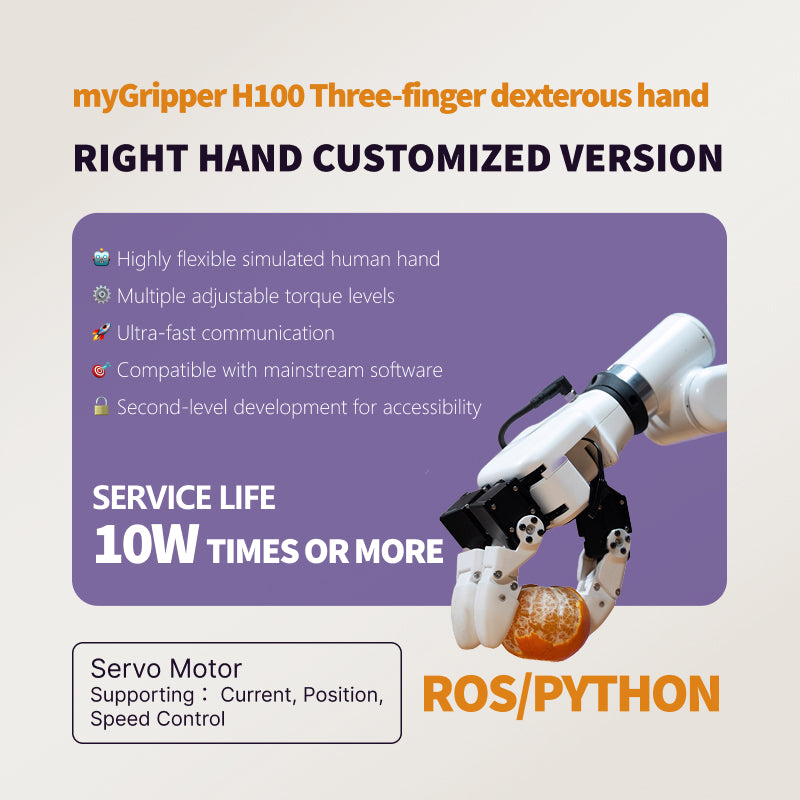 Brazo robótico de agarre controlado por fuerza, efector final myGripper H100, mano diestra de tres dedos