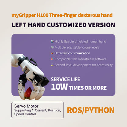Brazo robótico de agarre controlado por fuerza, efector final myGripper H100, mano diestra de tres dedos