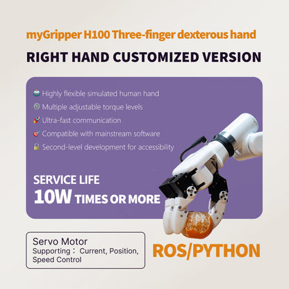 Brazo robótico de agarre controlado por fuerza, efector final myGripper H100, mano diestra de tres dedos